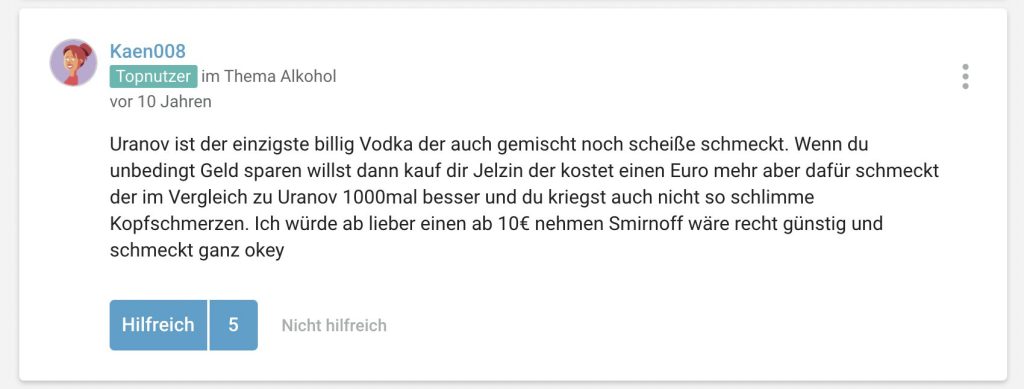 GuteFrage.de about Fürst Uranov vodka