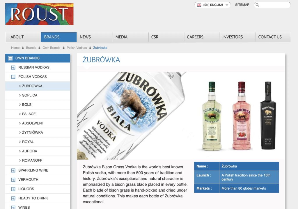 Żubrówka vodka product page